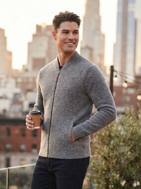 Denver Hayes Men's Small Gray Wool Blend Full Zip Bomber Sweater Jacket Casual K